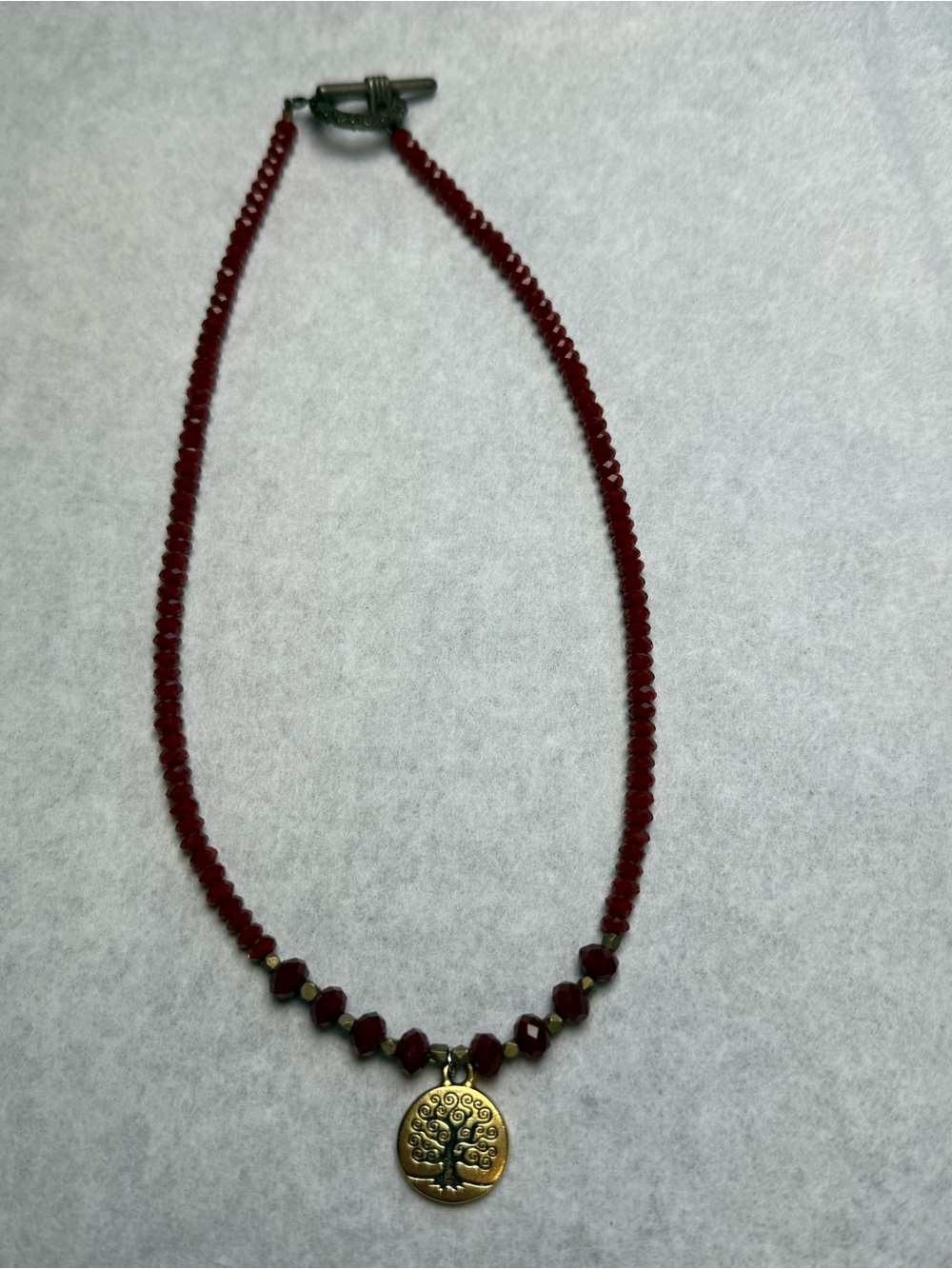 Red Beaded Necklace with Gold Tree Pendant